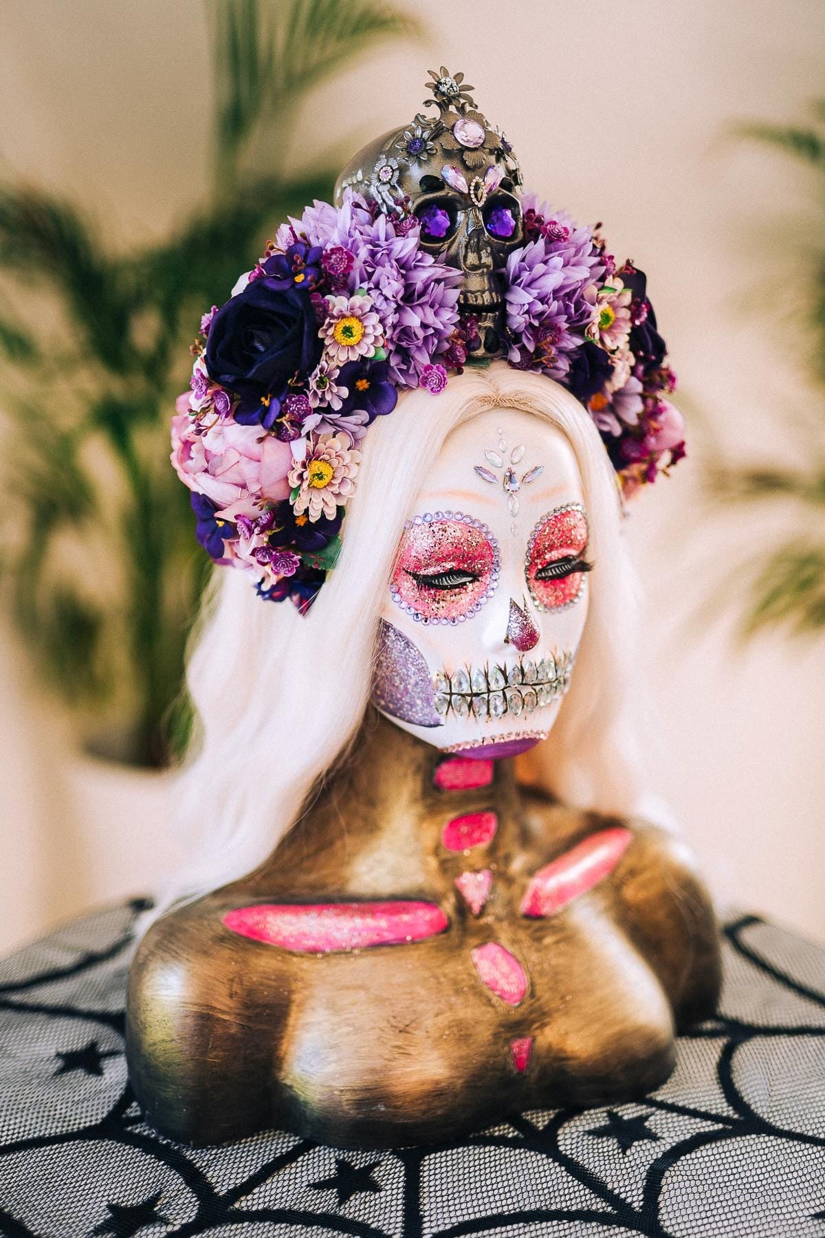 La Catrina Crown, Purple Skull Headpiece, Halloween Flower Crown, Dia De Los Muertos Tiara, Gothic Costume Tiara, Floral Skull Crown