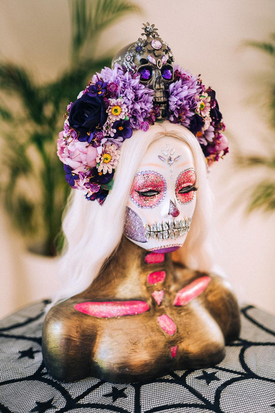 La Catrina Crown, Purple Skull Headpiece, Halloween Flower Crown, Dia De Los Muertos Tiara, Gothic Costume Tiara, Floral Skull Crown