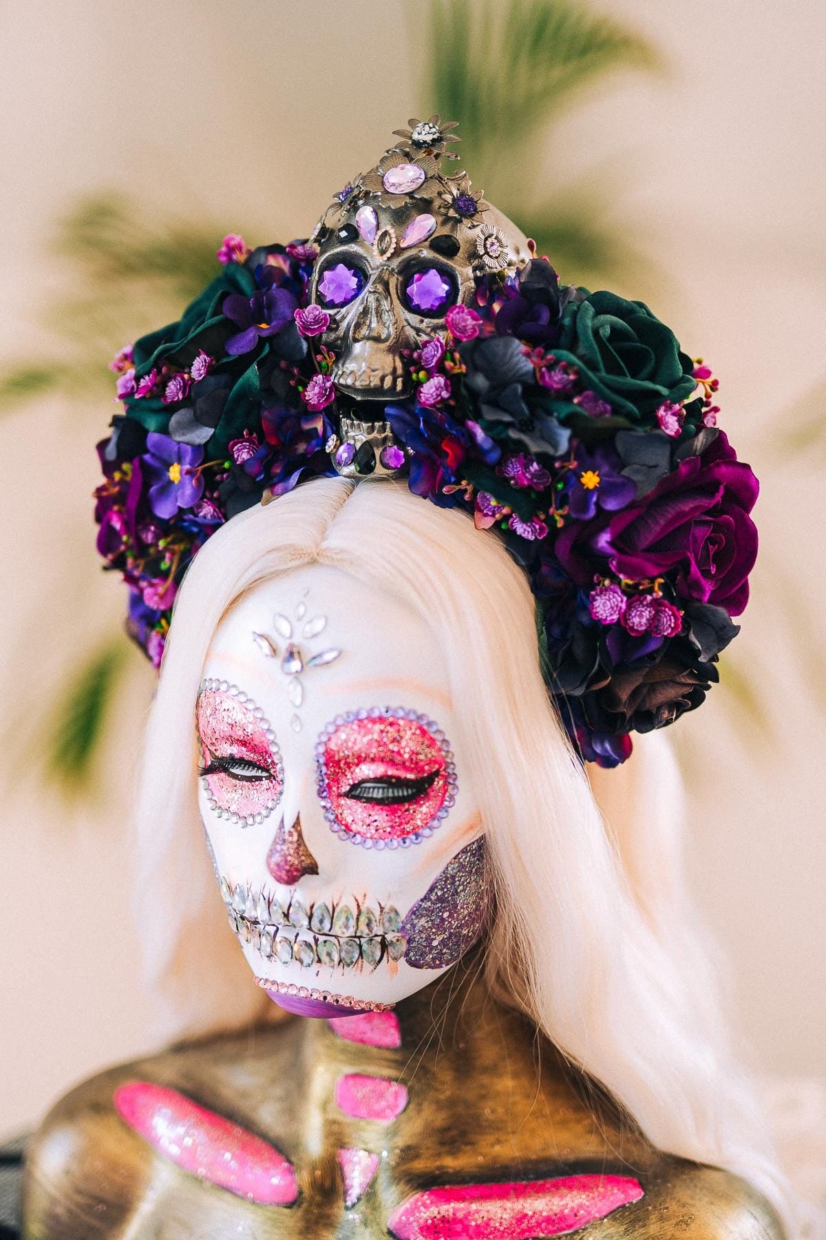 La Catrina Crown, Dark Skull Headpiece, Purple Flower Tiara, Dia De Los Muertos Crown, Gothic, Halloween Skull Crown, Floral Headdress
