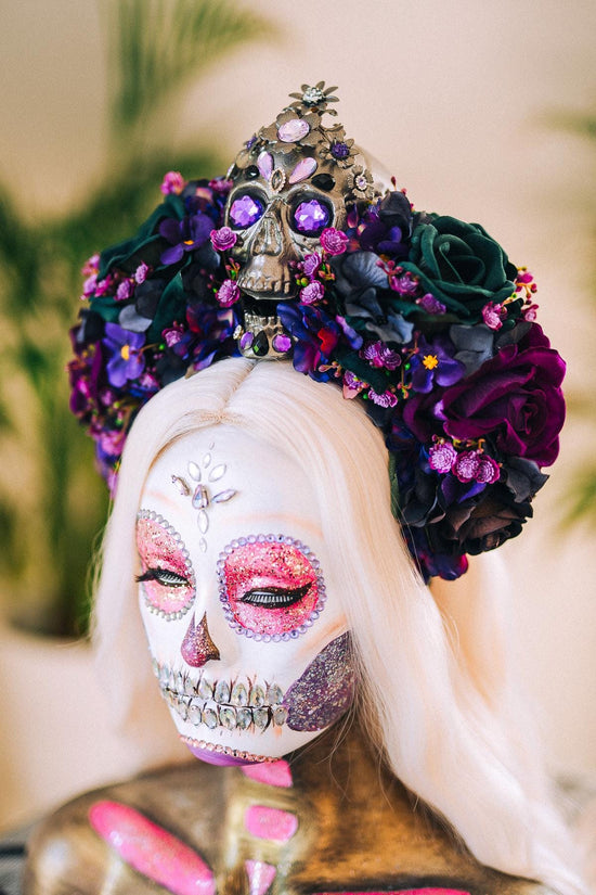 La Catrina Crown, Dark Skull Headpiece, Purple Flower Tiara, Dia De Los Muertos Crown, Gothic, Halloween Skull Crown, Floral Headdress