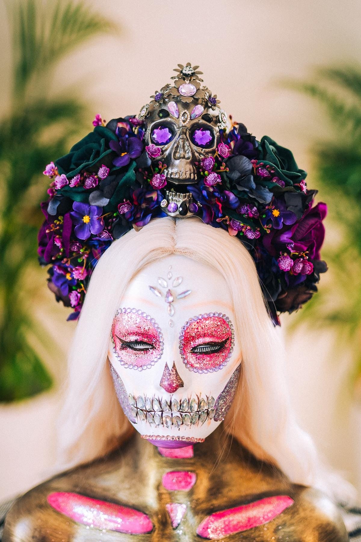 La Catrina Crown, Dark Skull Headpiece, Purple Flower Tiara, Dia De Los Muertos Crown, Gothic, Halloween Skull Crown, Floral Headdress