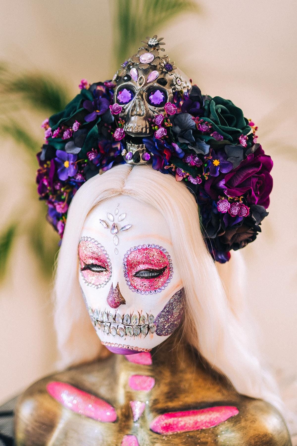 La Catrina Crown, Dark Skull Headpiece, Purple Flower Tiara, Dia De Los Muertos Crown, Gothic, Halloween Skull Crown, Floral Headdress