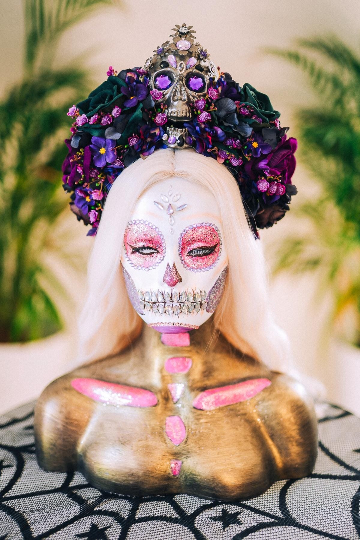 La Catrina Crown, Dark Skull Headpiece, Purple Flower Tiara, Dia De Los Muertos Crown, Gothic, Halloween Skull Crown, Floral Headdress