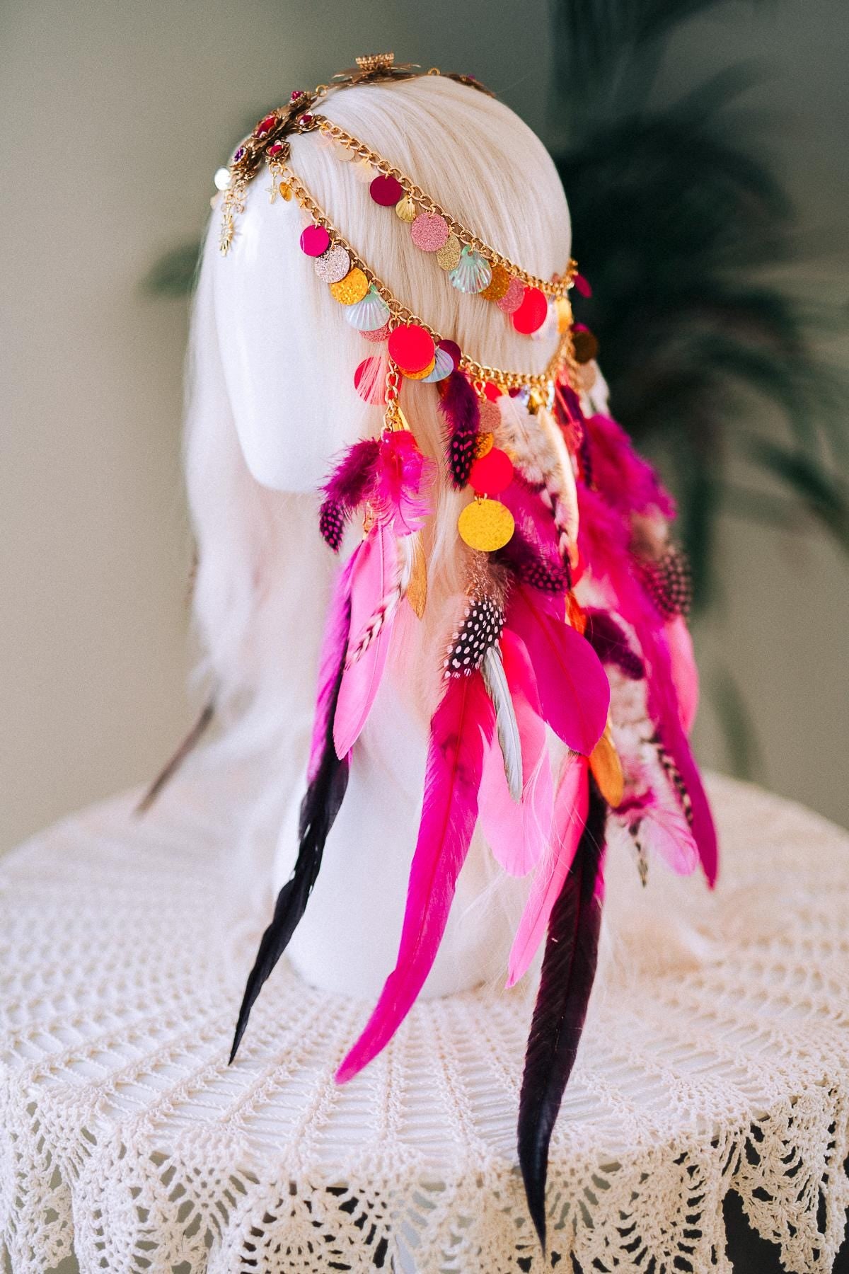 Festival Feather Headpiece, Chain Sequin Headband, Colorful Boho Tiara, Carnival Costume Accessory, Halloween Headdress, Party Hairpiece