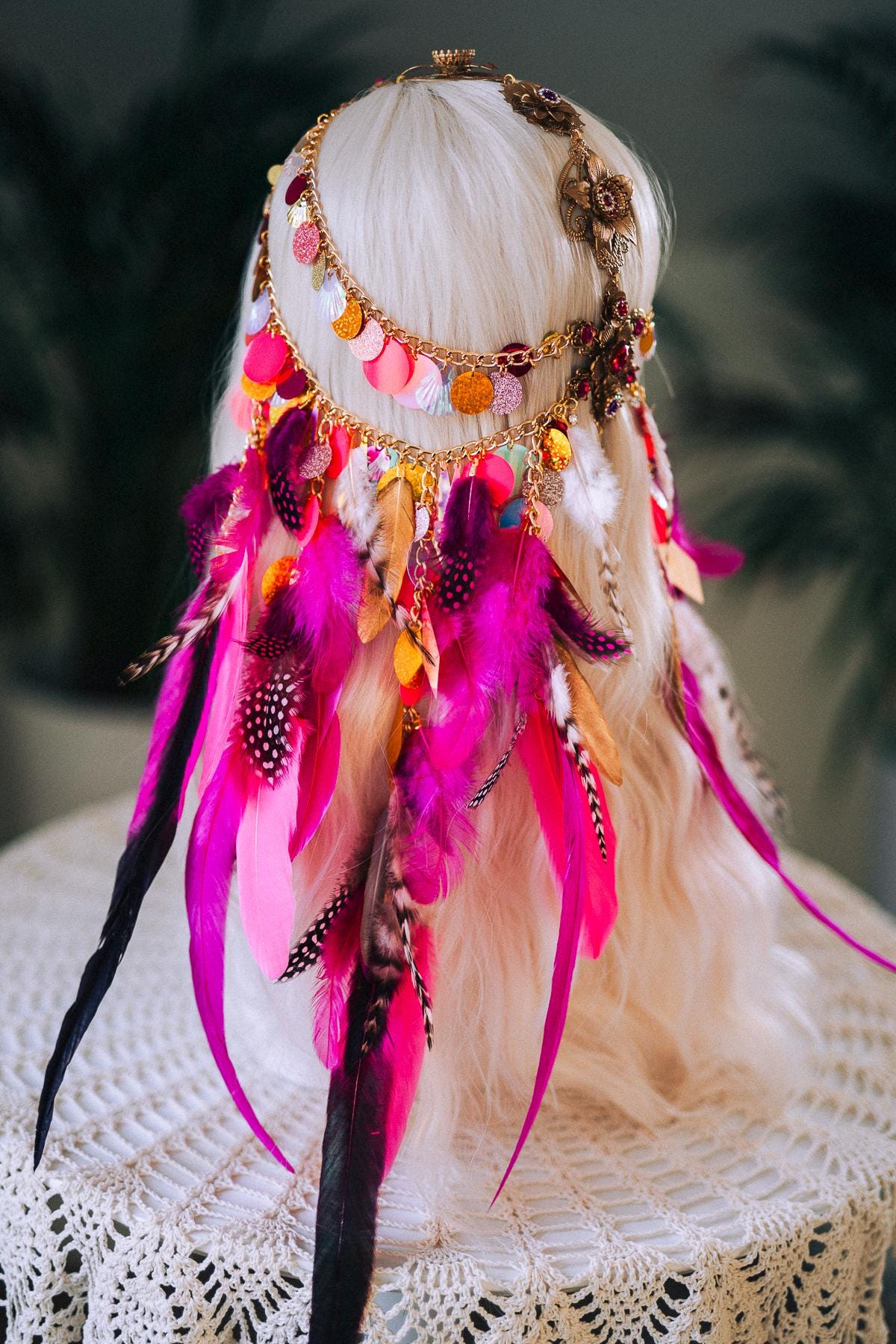 Festival Feather Headpiece, Chain Sequin Headband, Colorful Boho Tiara, Carnival Costume Accessory, Halloween Headdress, Party Hairpiece