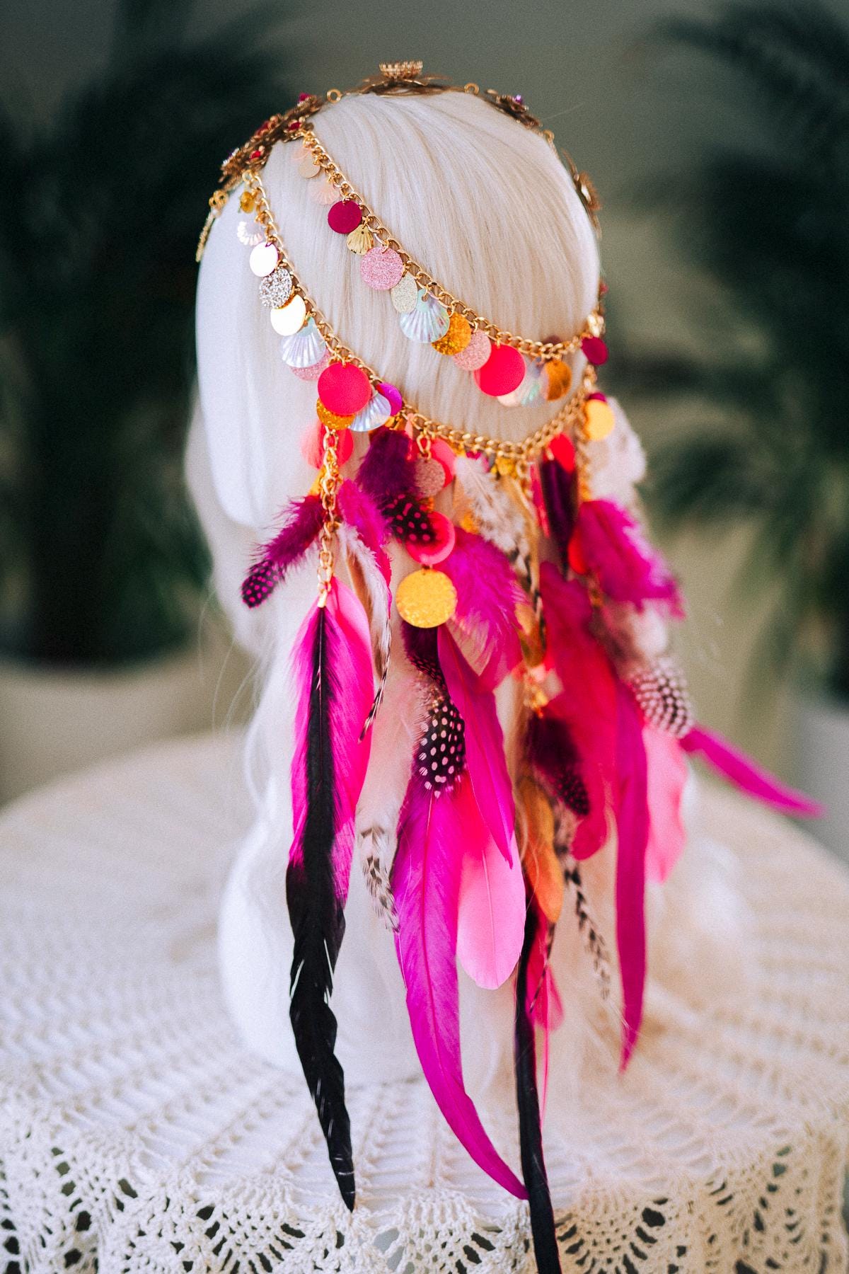 Festival Feather Headpiece, Chain Sequin Headband, Colorful Boho Tiara, Carnival Costume Accessory, Halloween Headdress, Party Hairpiece