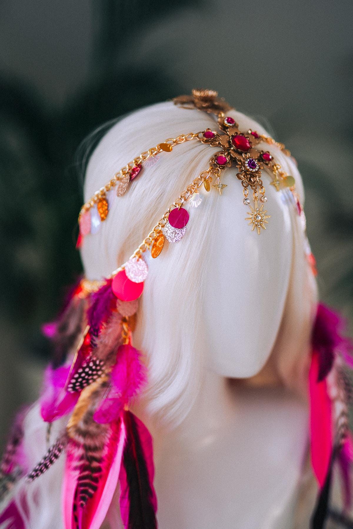 Festival Feather Headpiece, Chain Sequin Headband, Colorful Boho Tiara, Carnival Costume Accessory, Halloween Headdress, Party Hairpiece