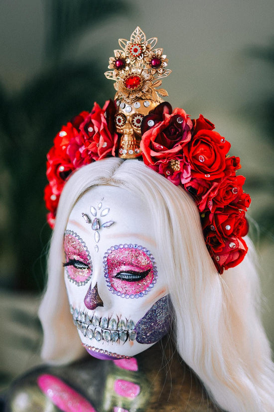 SALE La Catrina Crown, Red Skull Headpiece, Gold Flower Tiara, Halloween Costume Crown, Dia De Los Muertos Halo, Gothic Floral Headdress