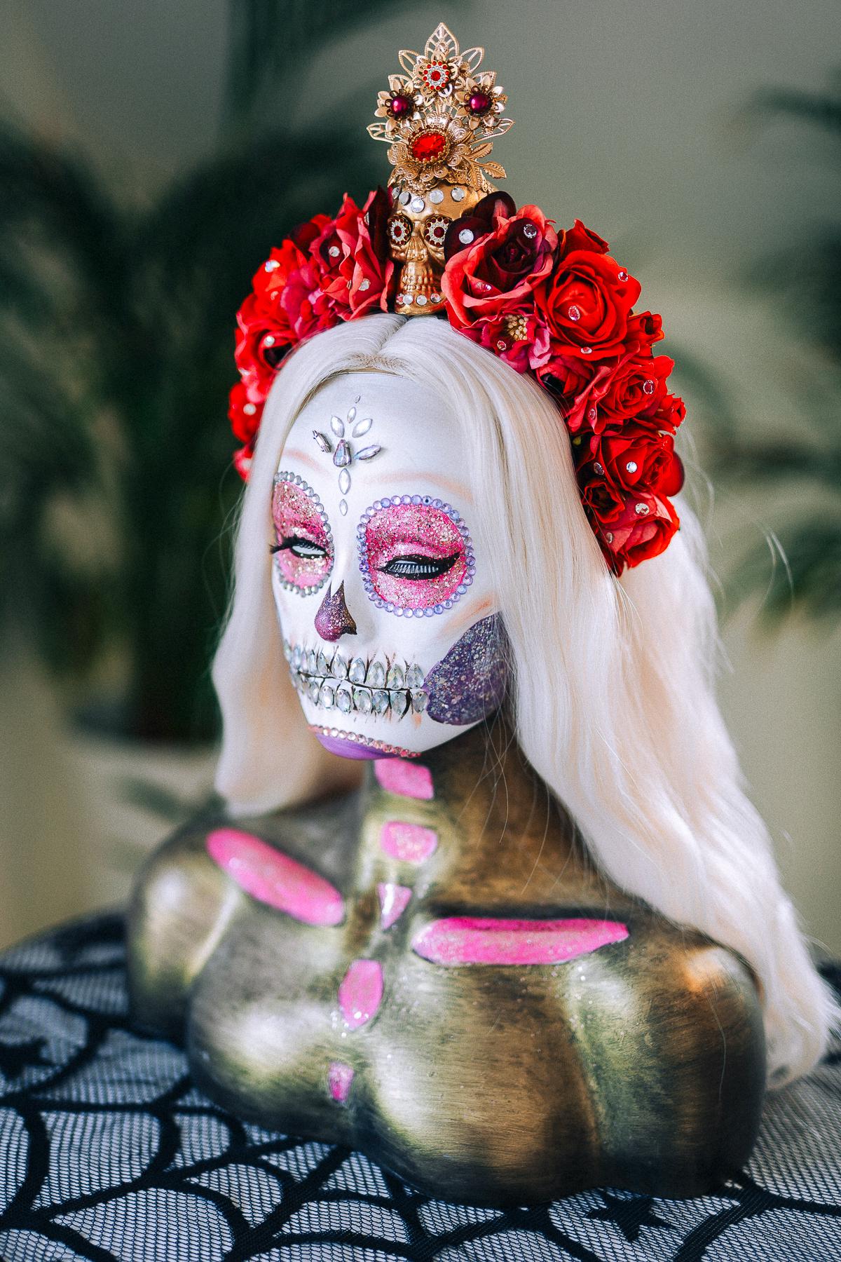 SALE La Catrina Crown, Red Skull Headpiece, Gold Flower Tiara, Halloween Costume Crown, Dia De Los Muertos Halo, Gothic Floral Headdress