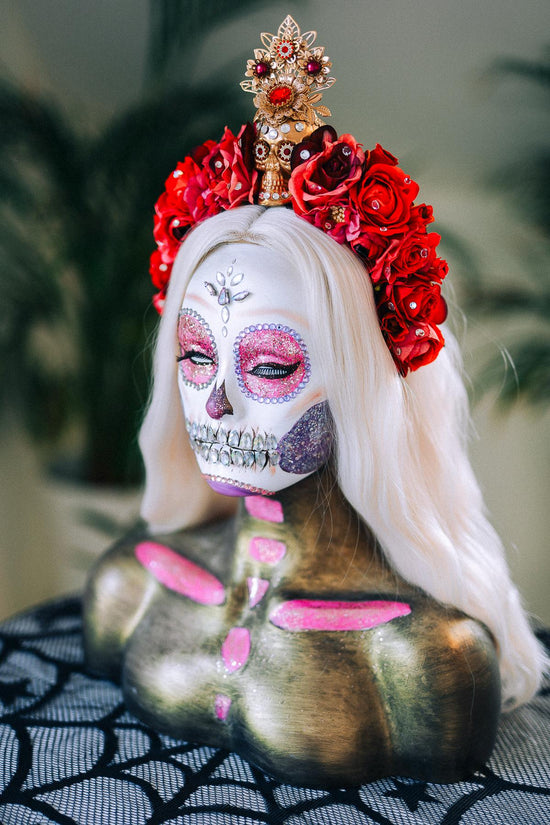 SALE La Catrina Crown, Red Skull Headpiece, Gold Flower Tiara, Halloween Costume Crown, Dia De Los Muertos Halo, Gothic Floral Headdress