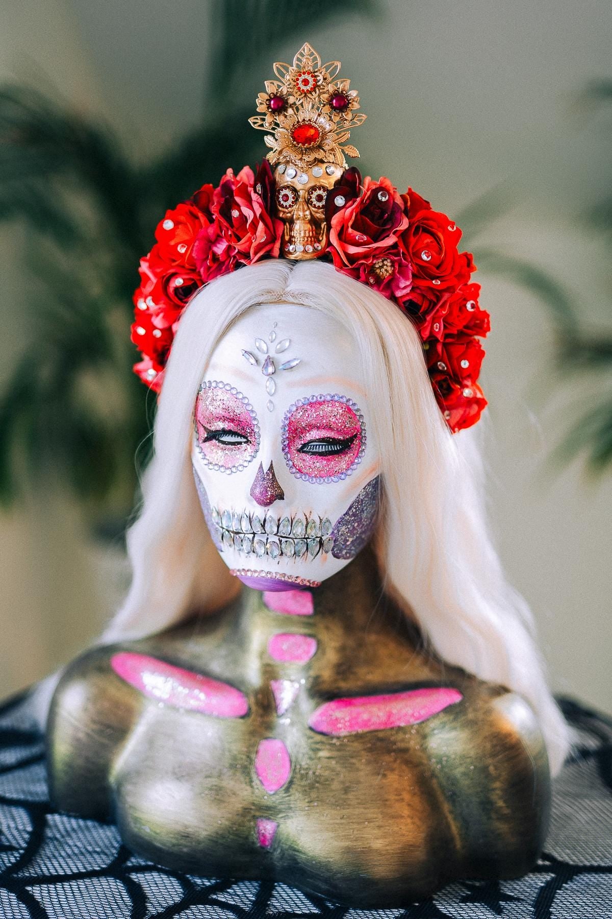 SALE La Catrina Crown, Red Skull Headpiece, Gold Flower Tiara, Halloween Costume Crown, Dia De Los Muertos Halo, Gothic Floral Headdress