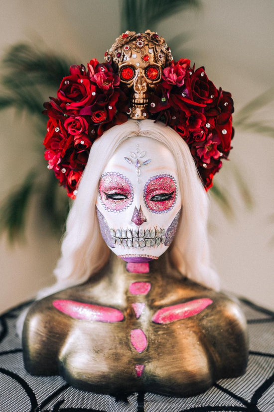 La Catrina Crown, Día De Los Muertos Headdress, Red Skull Crown, Corona De Flores, Halloween Costume, Gothic Flower Headpiece, Tocado