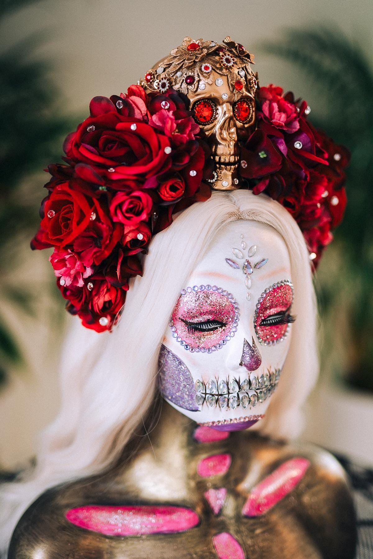 La Catrina Crown, Día De Los Muertos Headdress, Red Skull Crown, Corona De Flores, Halloween Costume, Gothic Flower Headpiece, Tocado
