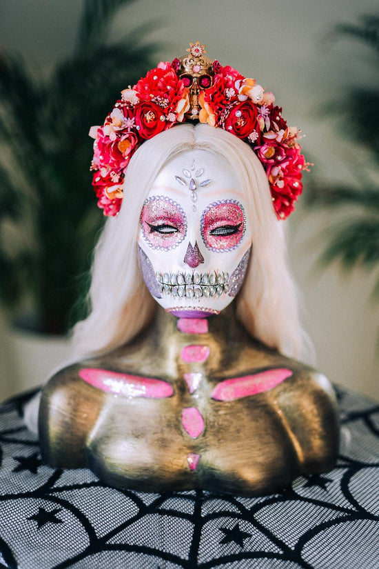 Red Skull Flower Crown, Día De Los Muertos Crown, Frida Inspired Crown, Gothic Halloween Crown, Calavera Headpiece, Festival Costume