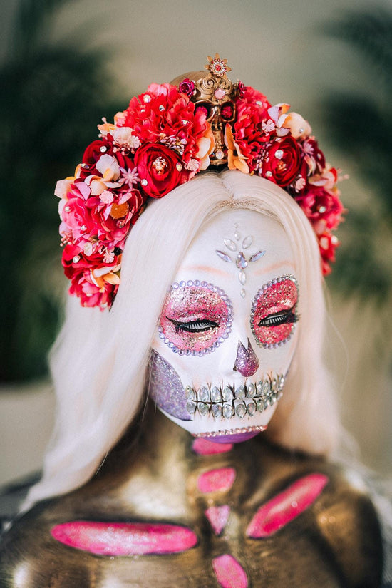 Red Skull Flower Crown, Día De Los Muertos Crown, Frida Inspired Crown, Gothic Halloween Crown, Calavera Headpiece, Festival Costume