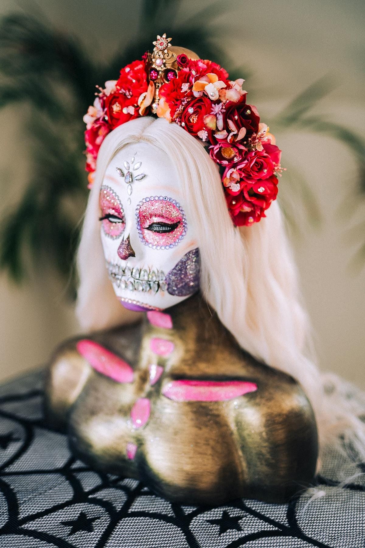 Red Skull Flower Crown, Día De Los Muertos Crown, Frida Inspired Crown, Gothic Halloween Crown, Calavera Headpiece, Festival Costume