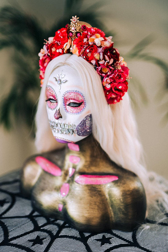 Red Skull Flower Crown, Día De Los Muertos Crown, Frida Inspired Crown, Gothic Halloween Crown, Calavera Headpiece, Festival Costume