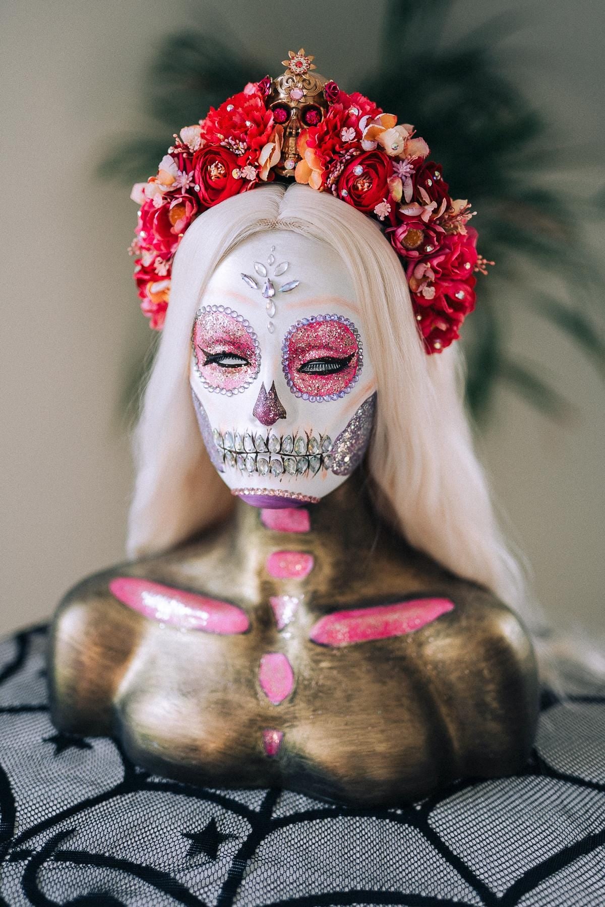 Red Skull Flower Crown, Día De Los Muertos Crown, Frida Inspired Crown, Gothic Halloween Crown, Calavera Headpiece, Festival Costume