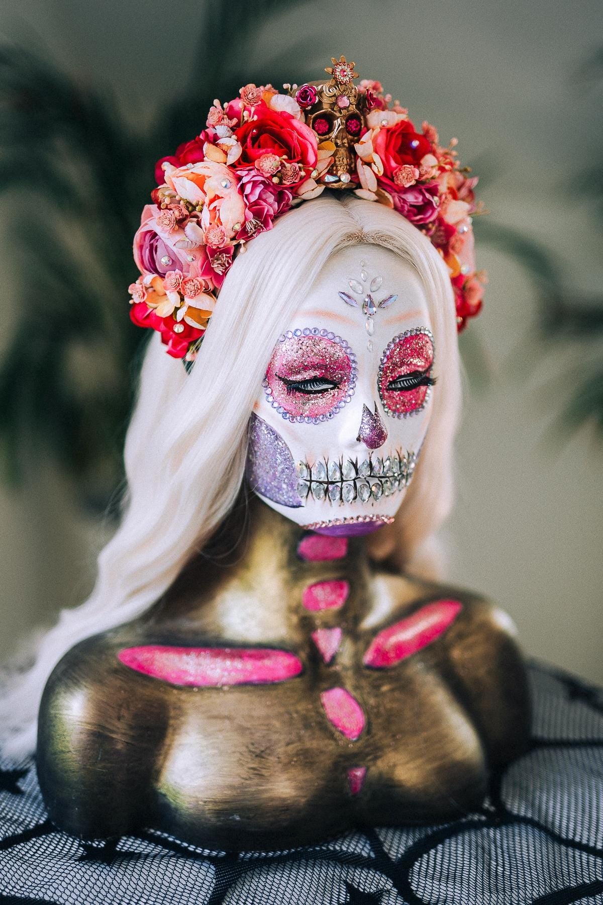Day Of The Dead Crown, La Catrina Headpiece, Pink Flower Skull Halo, Calavera Tiara, Halloween Costume, Fiesta Dia De Muertos