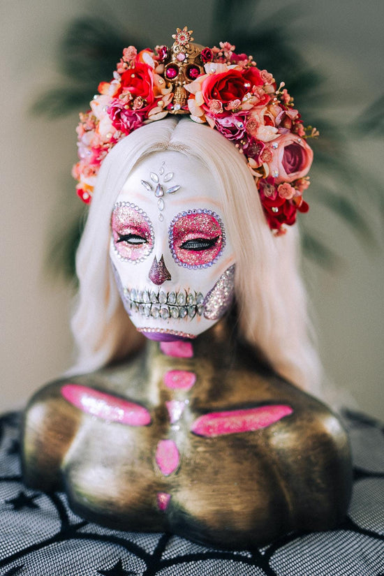 Day Of The Dead Crown, La Catrina Headpiece, Pink Flower Skull Halo, Calavera Tiara, Halloween Costume, Fiesta Dia De Muertos
