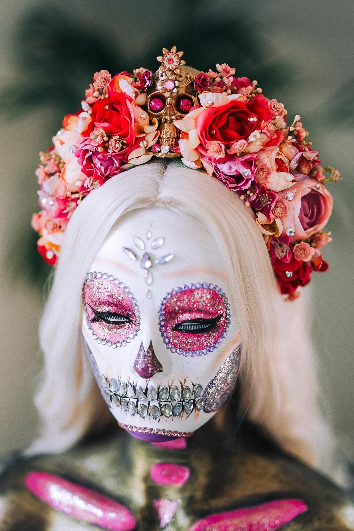 Day Of The Dead Crown, La Catrina Headpiece, Pink Flower Skull Halo, Calavera Tiara, Halloween Costume, Fiesta Dia De Muertos