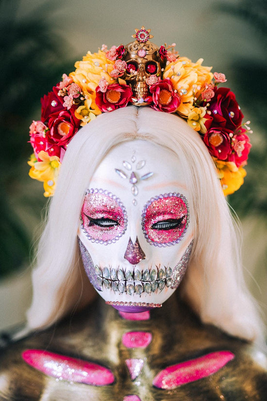 Golden Skull Flower Crown, La Catrina Headpiece, Dia De Los Muertos, Sugar Skull Crown, Halloween Costume, Frida Kahlo Style, Festival Tiara