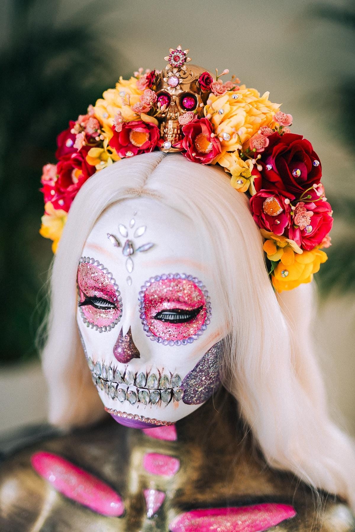 Golden Skull Flower Crown, La Catrina Headpiece, Dia De Los Muertos, Sugar Skull Crown, Halloween Costume, Frida Kahlo Style, Festival Tiara