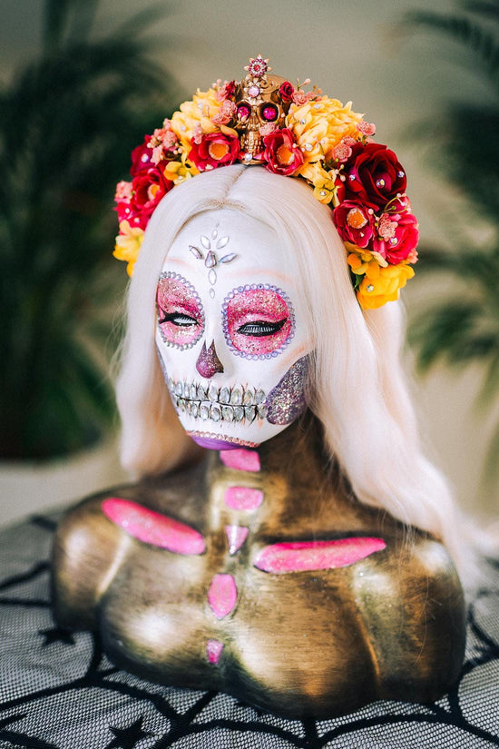Golden Skull Flower Crown, La Catrina Headpiece, Dia De Los Muertos, Sugar Skull Crown, Halloween Costume, Frida Kahlo Style, Festival Tiara