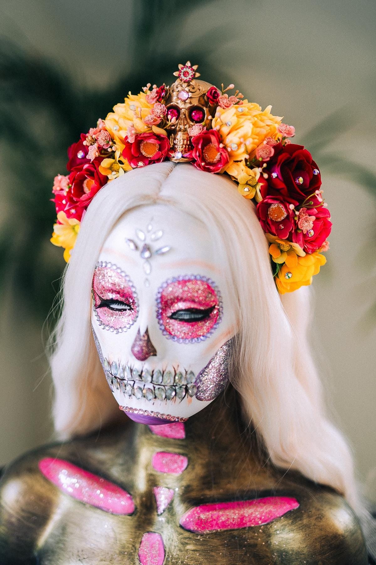 Golden Skull Flower Crown, La Catrina Headpiece, Dia De Los Muertos, Sugar Skull Crown, Halloween Costume, Frida Kahlo Style, Festival Tiara
