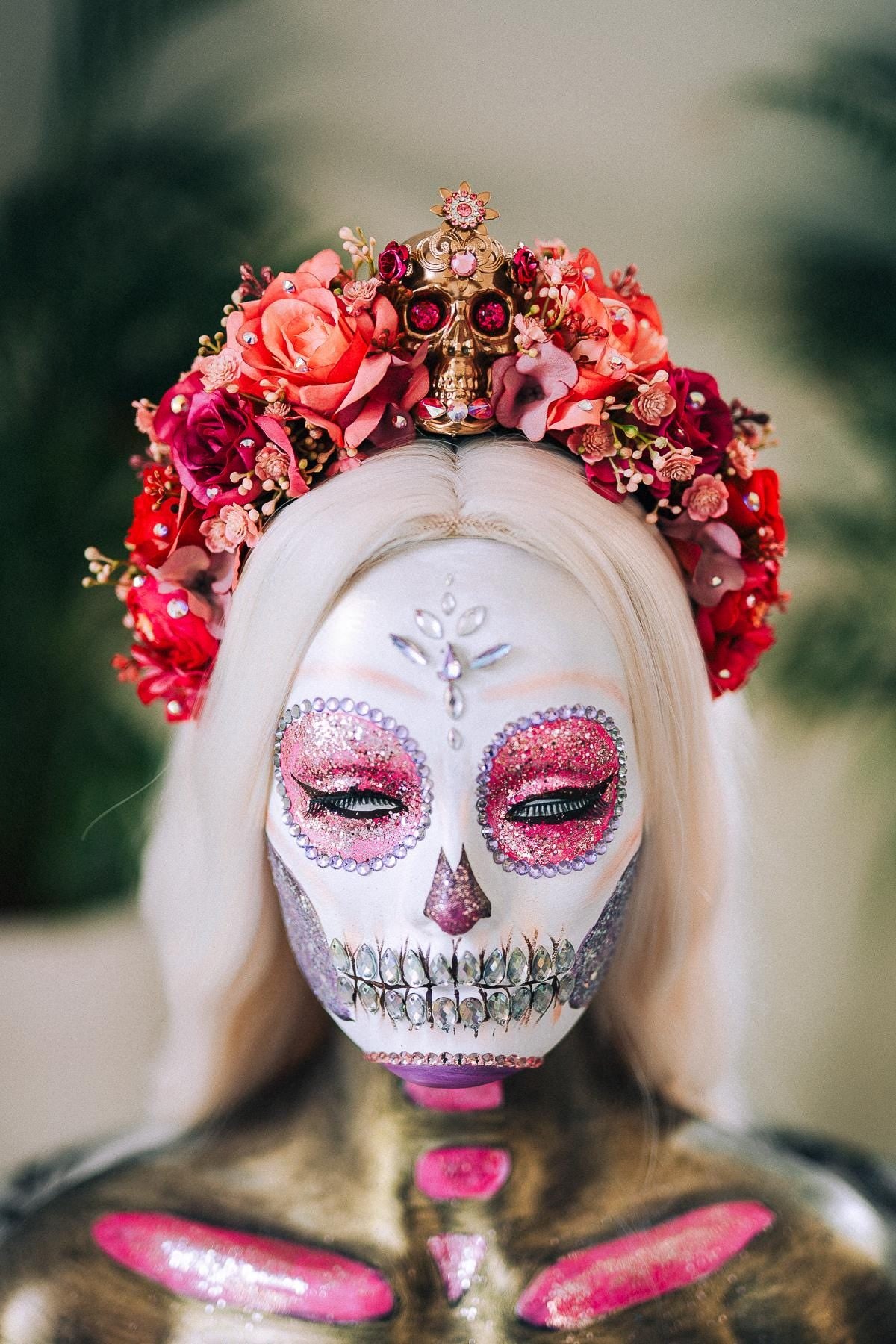 La Catrina Crown, Dia De Los Muertos, Pink Skull Flower Crown, Mexican Headpiece, Festival Halloween Tiara, Red Rose Gothic Crown