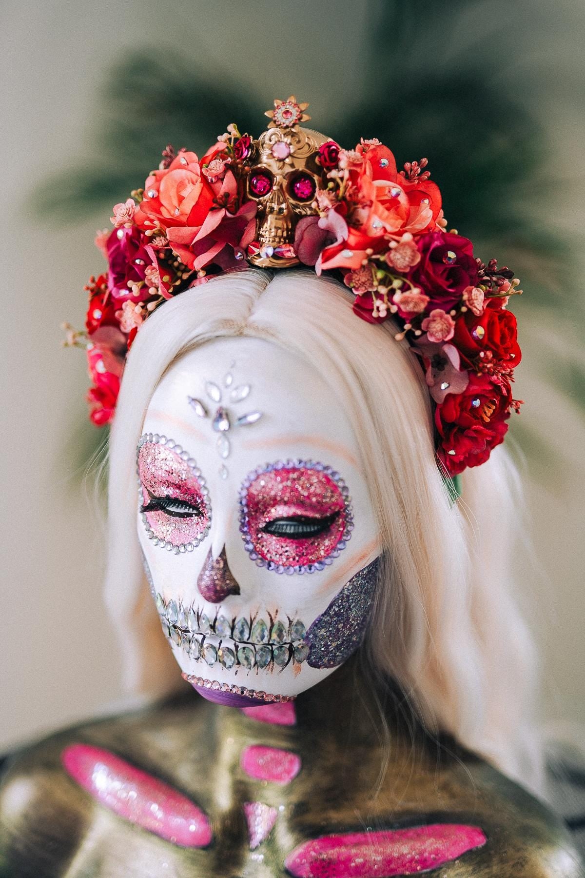 La Catrina Crown, Dia De Los Muertos, Pink Skull Flower Crown, Mexican Headpiece, Festival Halloween Tiara, Red Rose Gothic Crown