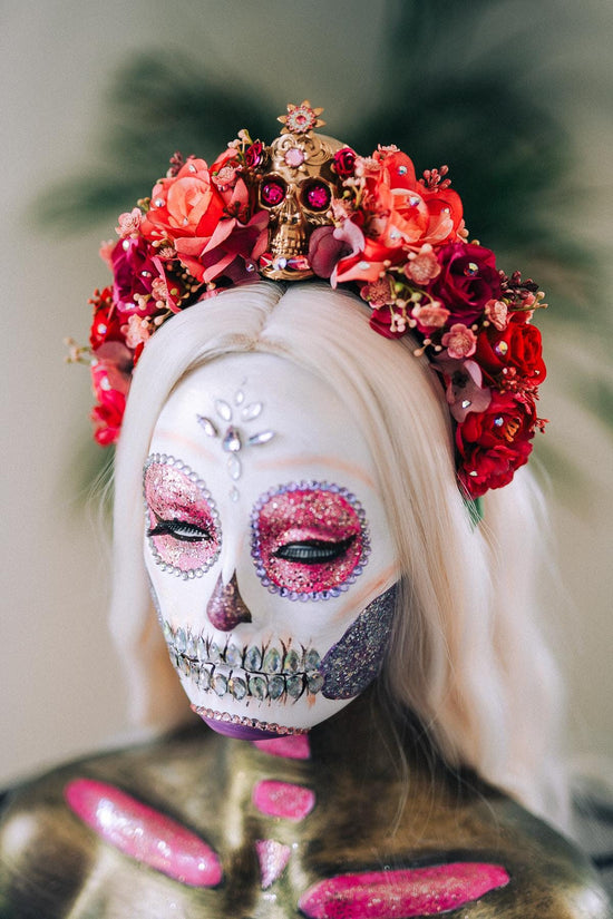 La Catrina Crown, Dia De Los Muertos, Pink Skull Flower Crown, Mexican Headpiece, Festival Halloween Tiara, Red Rose Gothic Crown