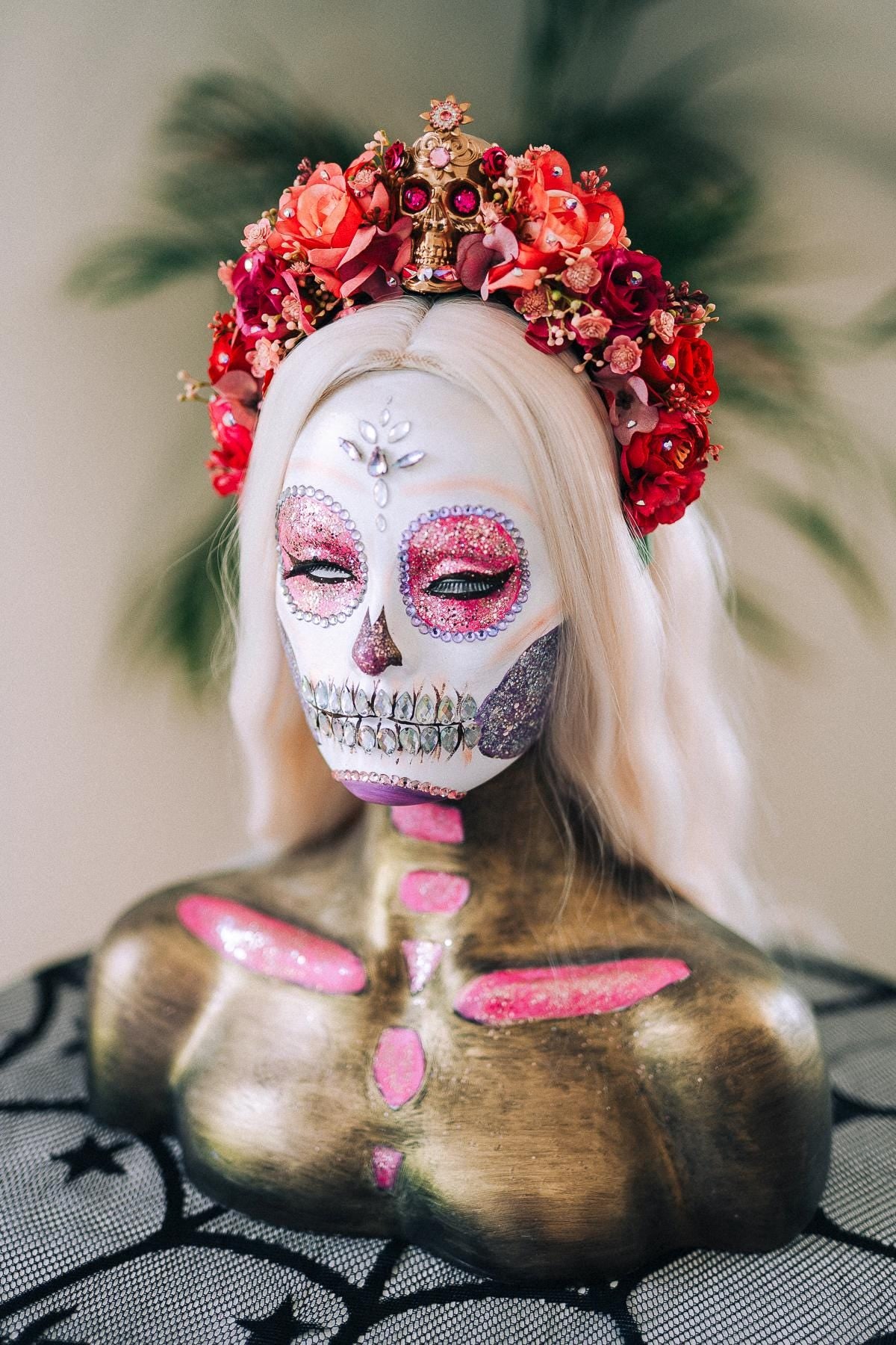 La Catrina Crown, Dia De Los Muertos, Pink Skull Flower Crown, Mexican Headpiece, Festival Halloween Tiara, Red Rose Gothic Crown