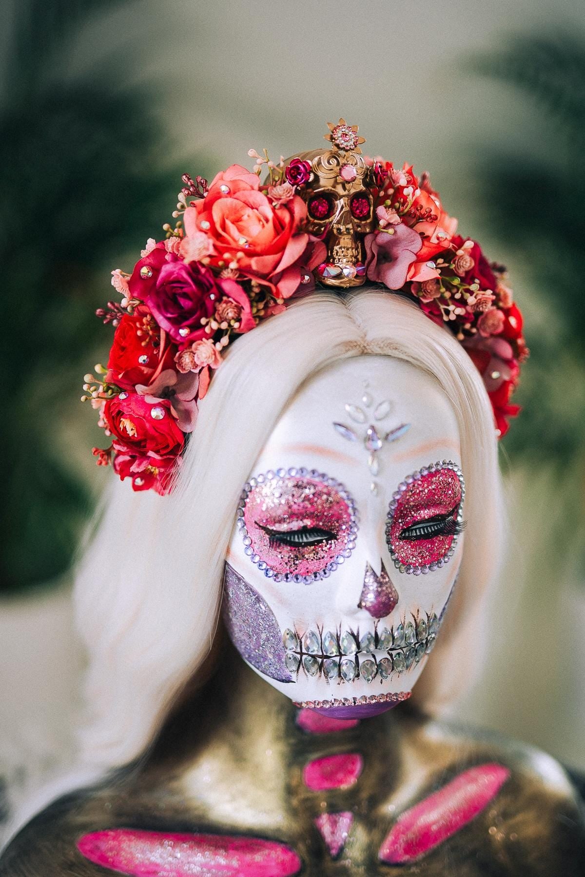 La Catrina Crown, Dia De Los Muertos, Pink Skull Flower Crown, Mexican Headpiece, Festival Halloween Tiara, Red Rose Gothic Crown