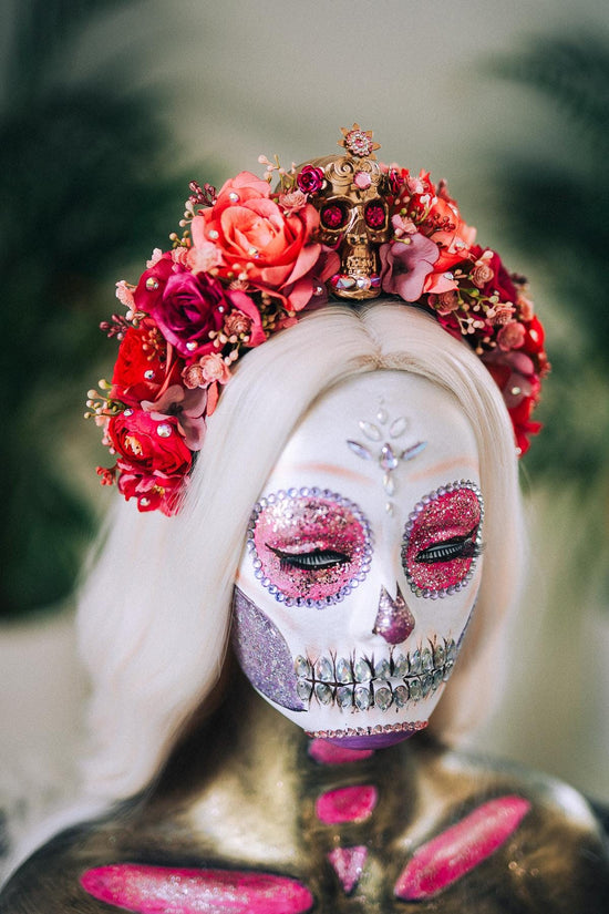 La Catrina Crown, Dia De Los Muertos, Pink Skull Flower Crown, Mexican Headpiece, Festival Halloween Tiara, Red Rose Gothic Crown