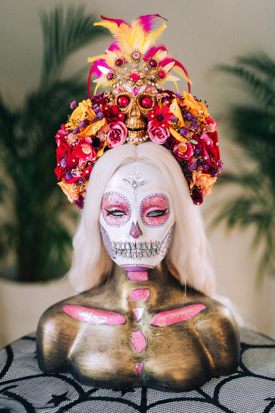 SALE Golden Skull Flower Crown, Día De Los Muertos, Mexican Headdress, Sugar Skull Halo, Day Of The Dead Crown, Halloween Costume Headpiece