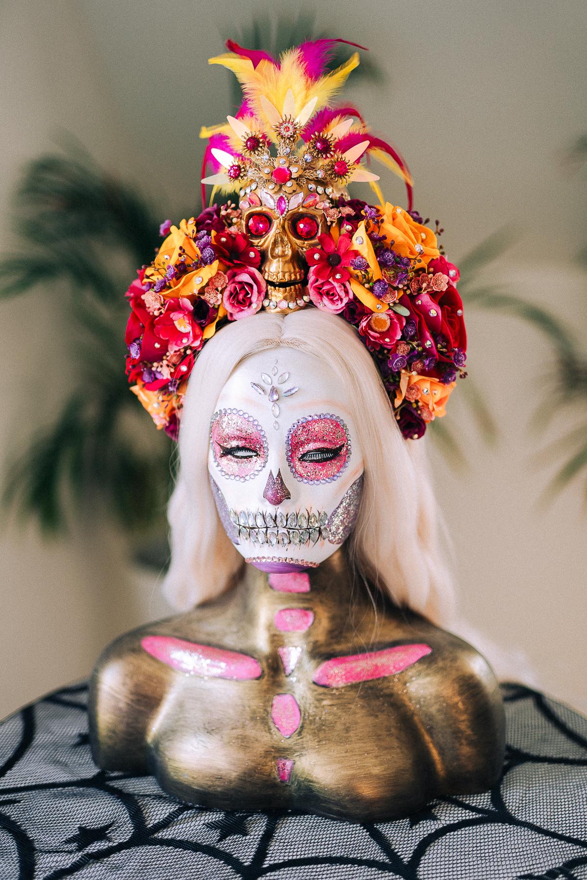 SALE Golden Skull Flower Crown, Día De Los Muertos, Mexican Headdress, Sugar Skull Halo, Day Of The Dead Crown, Halloween Costume Headpiece