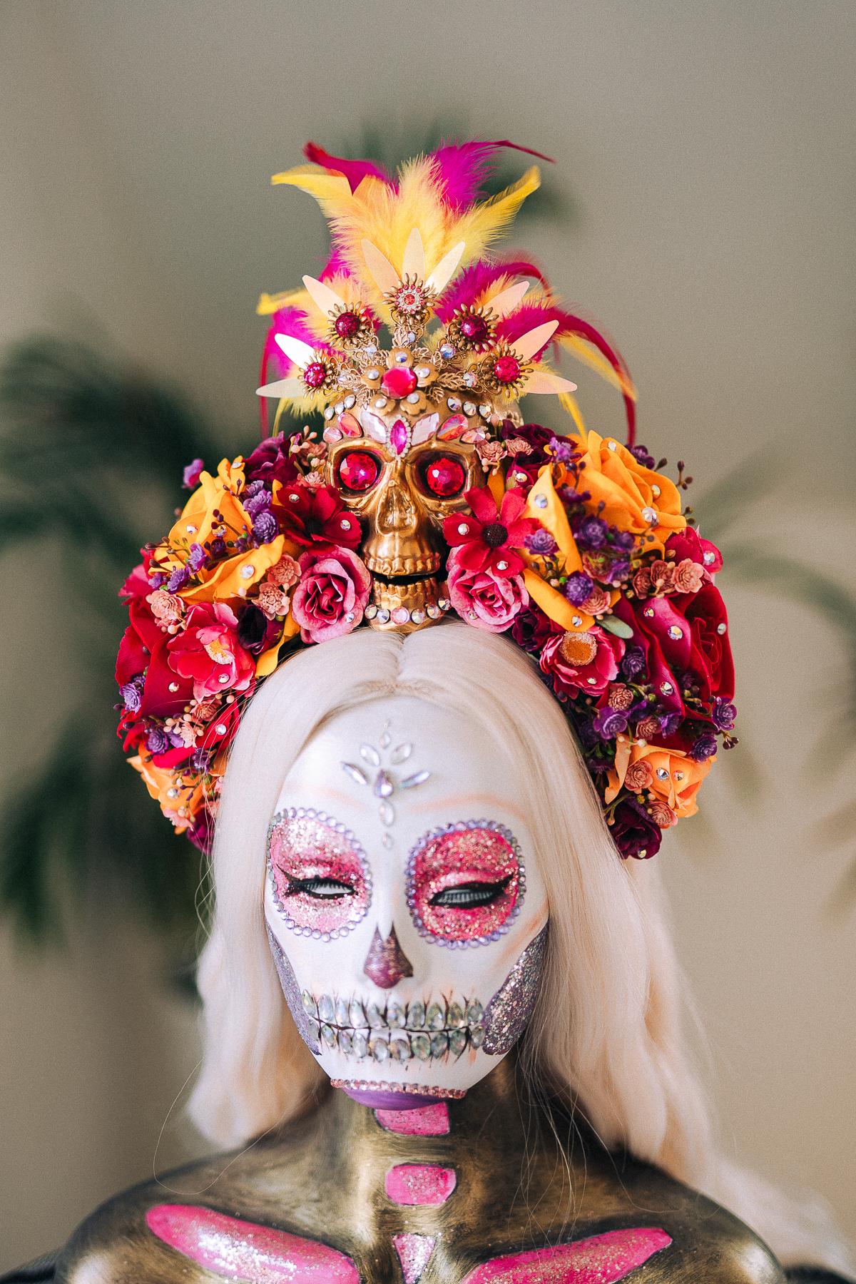 SALE Golden Skull Flower Crown, Día De Los Muertos, Mexican Headdress, Sugar Skull Halo, Day Of The Dead Crown, Halloween Costume Headpiece