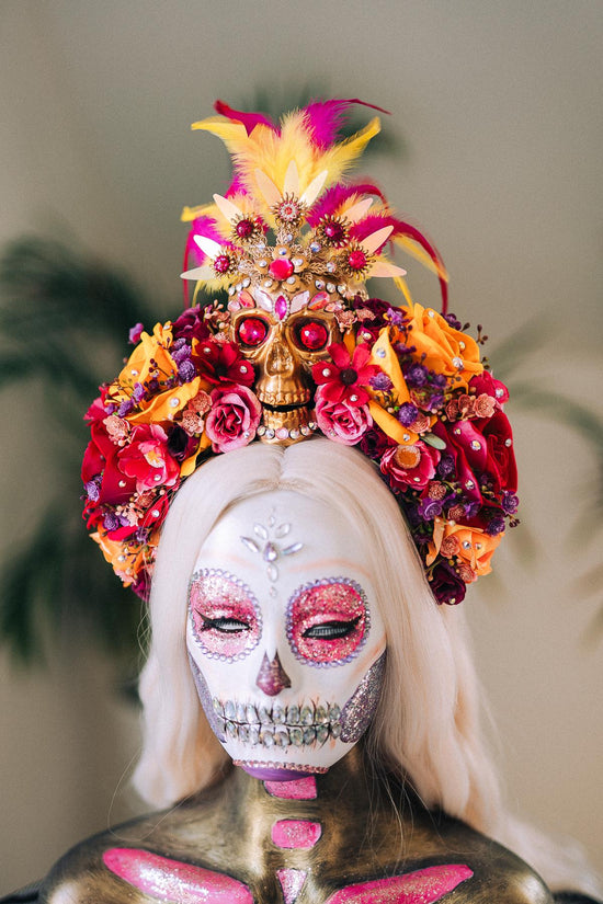 SALE Golden Skull Flower Crown, Día De Los Muertos, Mexican Headdress, Sugar Skull Halo, Day Of The Dead Crown, Halloween Costume Headpiece
