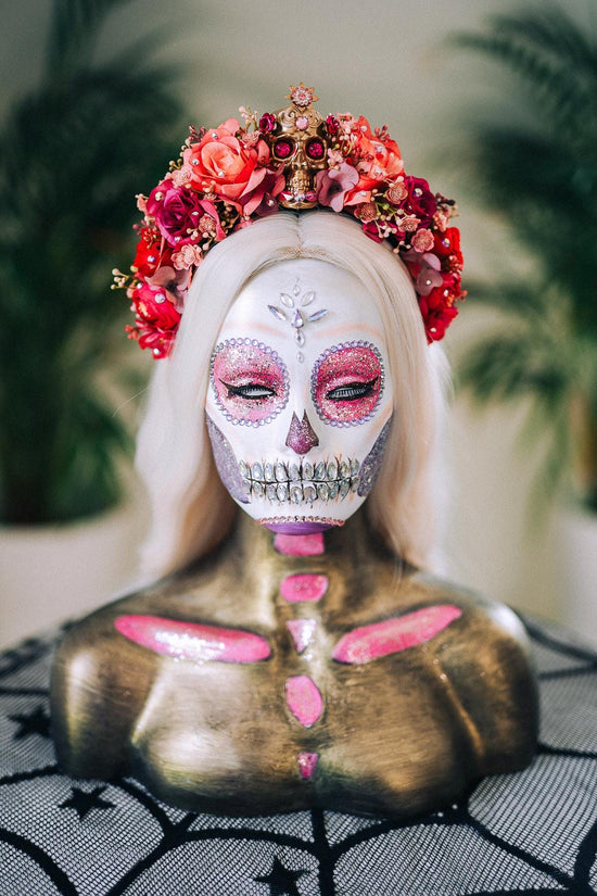 La Catrina Crown, Dia De Los Muertos, Pink Skull Flower Crown, Mexican Headpiece, Festival Halloween Tiara, Red Rose Gothic Crown