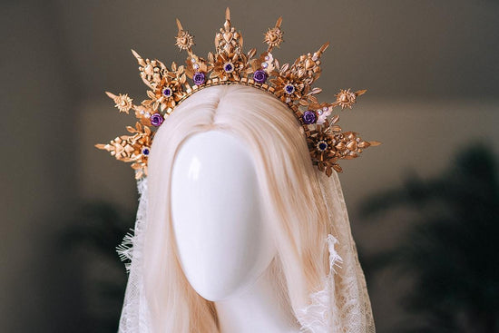 La Catrina Halo Crown, Gold Sacred Heart Crown, Dia De Los Muertos Headpiece, Purple Crystal Crown, Gothic Halo Tiara, Halloween Costume