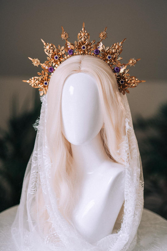 La Catrina Halo Crown, Gold Sacred Heart Crown, Dia De Los Muertos Headpiece, Purple Crystal Crown, Gothic Halo Tiara, Halloween Costume