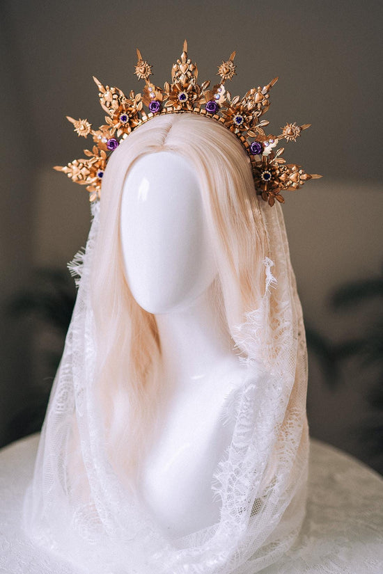 La Catrina Halo Crown, Gold Sacred Heart Crown, Dia De Los Muertos Headpiece, Purple Crystal Crown, Gothic Halo Tiara, Halloween Costume
