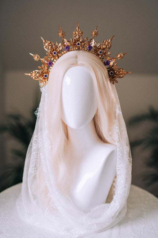 La Catrina Halo Crown, Gold Sacred Heart Crown, Dia De Los Muertos Headpiece, Purple Crystal Crown, Gothic Halo Tiara, Halloween Costume