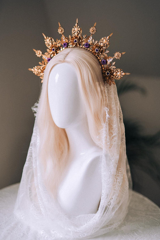 La Catrina Halo Crown, Gold Sacred Heart Crown, Dia De Los Muertos Headpiece, Purple Crystal Crown, Gothic Halo Tiara, Halloween Costume