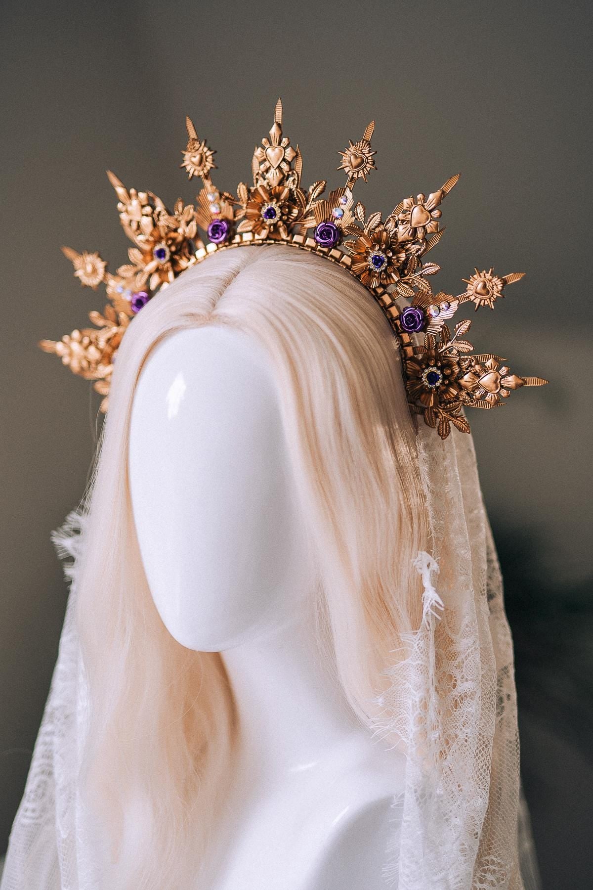 La Catrina Halo Crown, Gold Sacred Heart Crown, Dia De Los Muertos Headpiece, Purple Crystal Crown, Gothic Halo Tiara, Halloween Costume