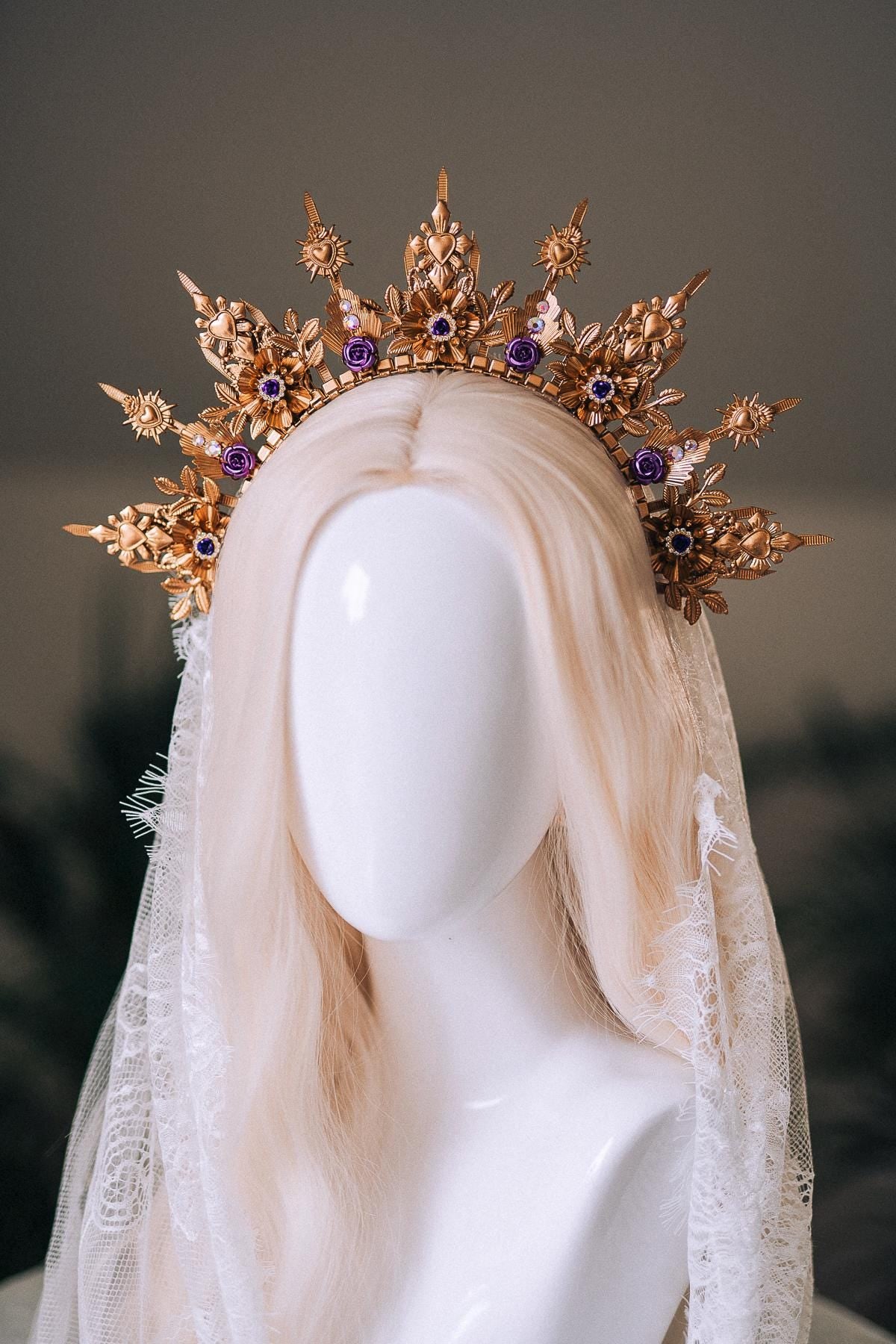 La Catrina Halo Crown, Gold Sacred Heart Crown, Dia De Los Muertos Headpiece, Purple Crystal Crown, Gothic Halo Tiara, Halloween Costume