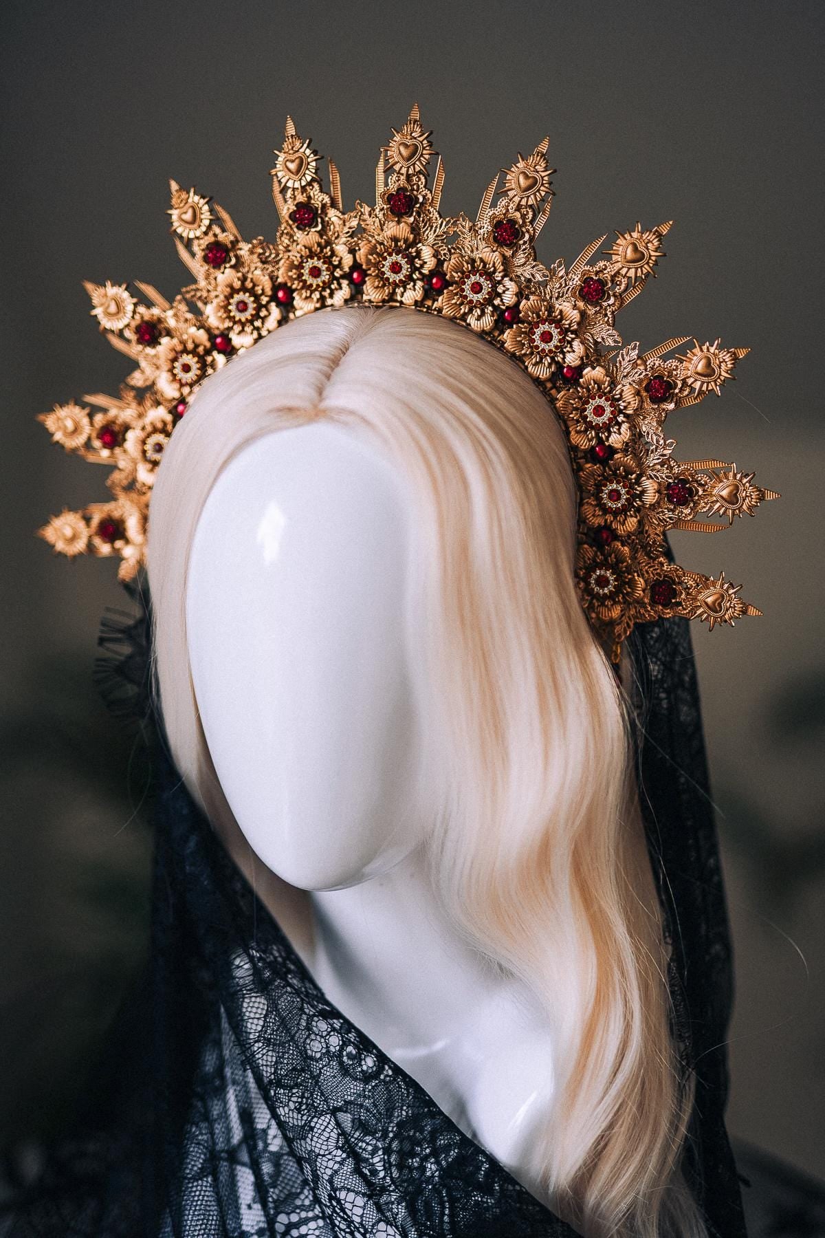 La Catrina Halo Crown, Gold Flower Halo, Dia De Los Muertos Crown, Burgundy Crystal Crown, Gothic Halo Tiara, Halloween Costume Crown