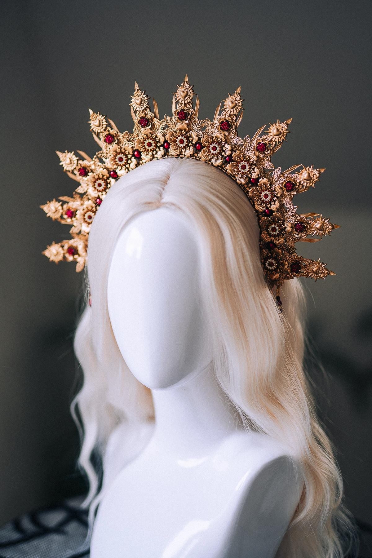 La Catrina Halo Crown, Gold Flower Halo, Dia De Los Muertos Crown, Burgundy Crystal Crown, Gothic Halo Tiara, Halloween Costume Crown