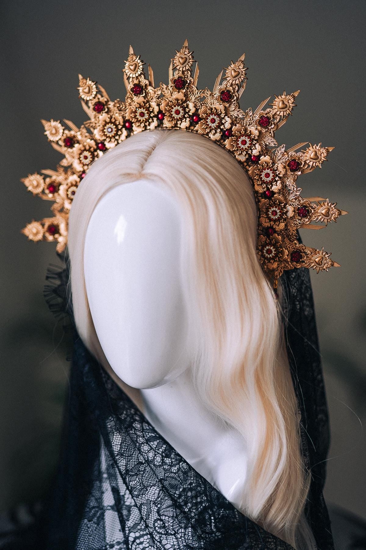 La Catrina Halo Crown, Gold Flower Halo, Dia De Los Muertos Crown, Burgundy Crystal Crown, Gothic Halo Tiara, Halloween Costume Crown